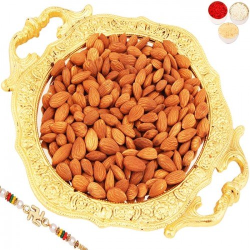 Designer Round Golden Carved Tray with Almonds Designer Round Golden Carved Tray with Almonds